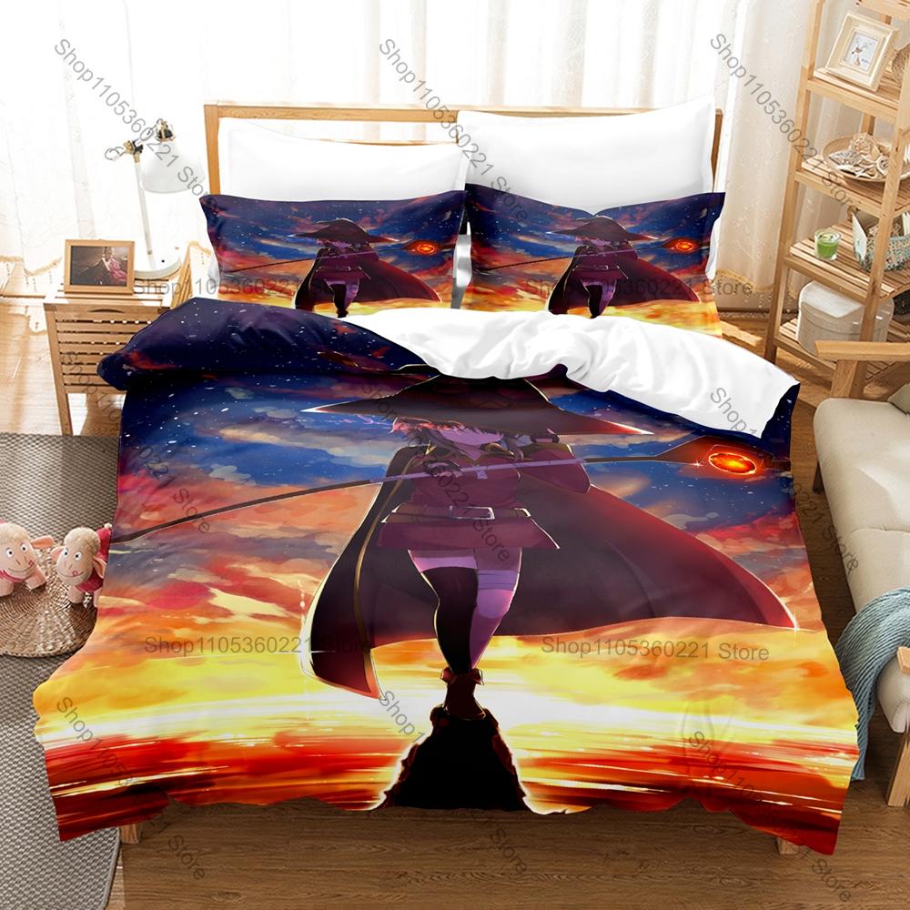 Cool Megumin Konosuba Duvet Cover + 2 Pillowcases Kazuma Aqua Darkness Collage Print Soft Quilt Cover Set New Anime Bedroom Deco