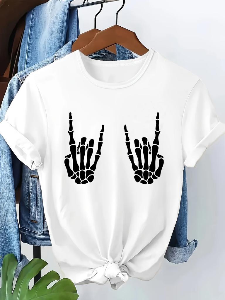 Retro Skeleton Finger Vintage Casual Y2k Fashion Tshirt Print Short Sleeve T Shirt Top Tee Summer Ladies Girls Shirt