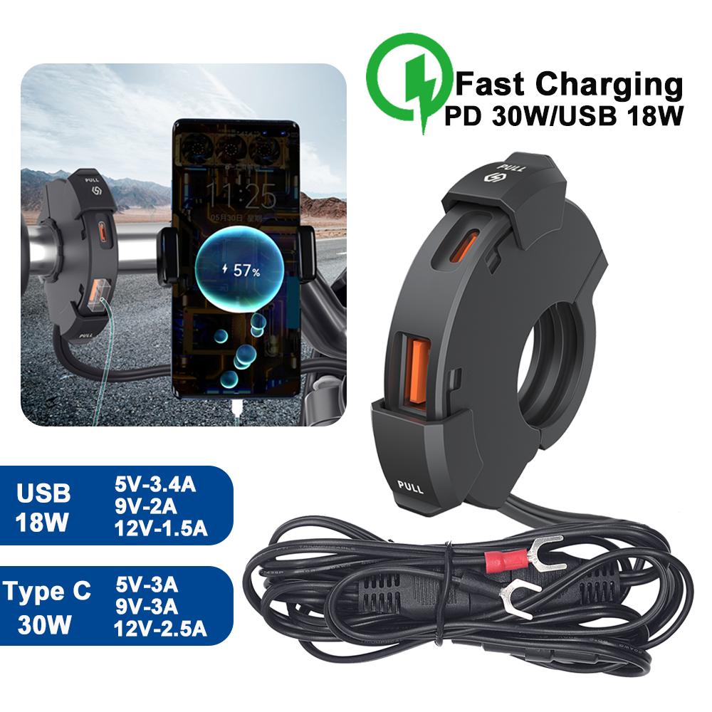 Caricabatterie USB Universale Per Moto – Doppia Presa 12V Con Attacco Rapido 5V 1A/2.1A – Adattatore Da Manubrio Impermeabile