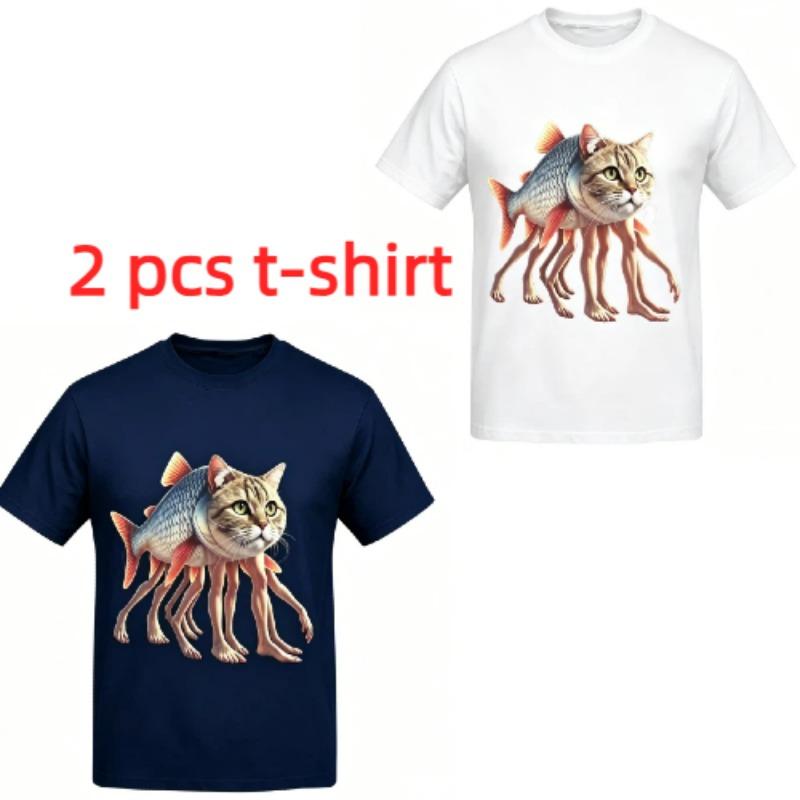 Funny Cartoon Fish Cat Monster Print Kids T-Shirts Summer Fashion Street Outdoor Casual T-shirt Tops for Boy and Girl's Tees Top