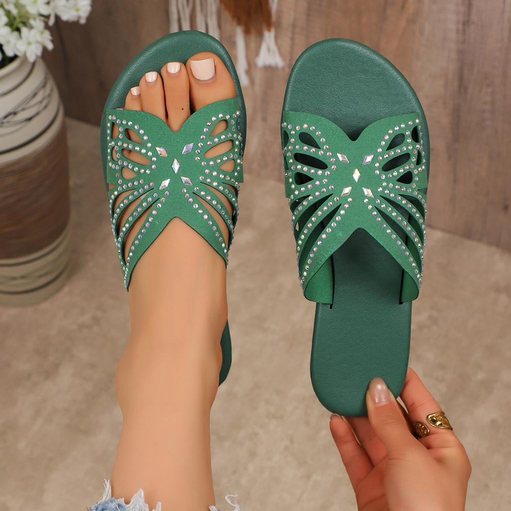 Women Slippers Rhinestone Butterfly Hollow Flat Shoes Ladies Beach Sandals Plus Size Solid Color Slippers Slides Women