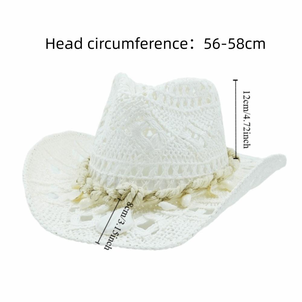 New Hollow Cowboy Straw Hat Large Brim Seashell Beach Sun Hat Big Head Circumference Bohemian Hat Sunshade