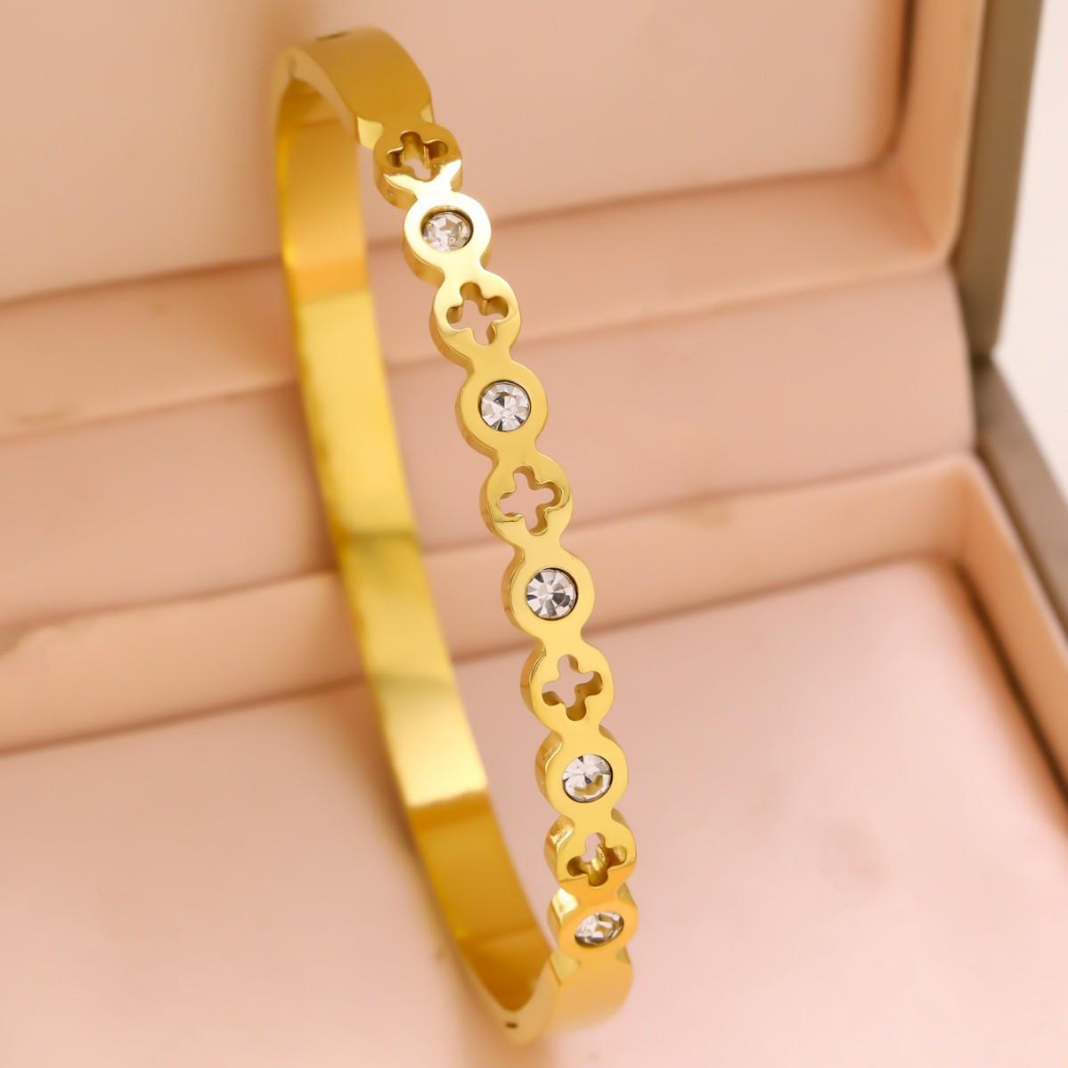 

Изысканный женский браслет из титановой стали с покрытием 18 карат, инкрустированный перламутром и бриллиантами, нетускнеющий браслет-бангл из нержавеющей стали 18K Gold