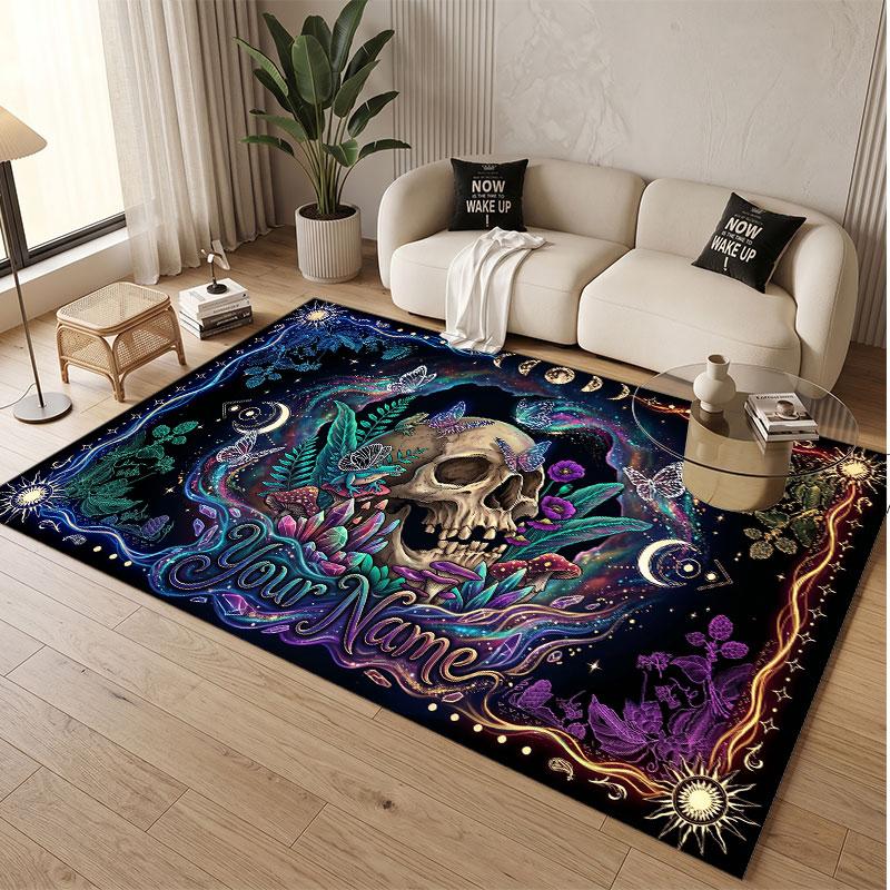 Totenkopf Gothic Thema Weicher Kristall-Samt Teppich Benutzerdefinierter Name & Text Druck Rutschfester Boden Teppich für Schlafzimmer Wohnzimmer