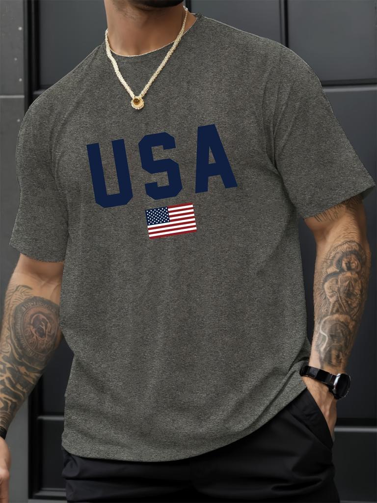 Pánské ležérní tričko s kulatým výstřihem a potiskem vlajky USA, pletenina, regular střih s krátkým rukávem
