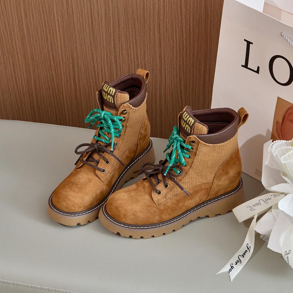 Leather Short Boots Women's Shoes 2025 Autumn and Winter New Thick-soled Lace-up Thick-heeled Locomotive Outdoor Short Boots Women's Martin Boots