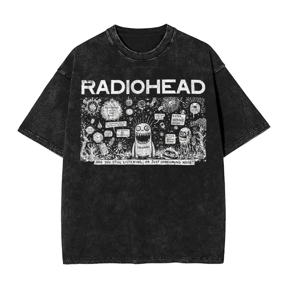

Oversized Acid-Wash Vintage Short-Sleeve T-Shirt Featuring Radiohead Kid A Mountain Graphic Print S