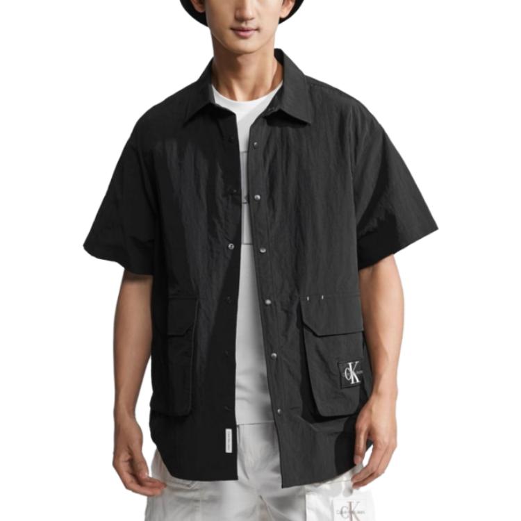 Calvin Klein Solid Color Large Pocket Embroidered Logo Loose Short Sleeve Shirt Men Tops Black J323199-BEH