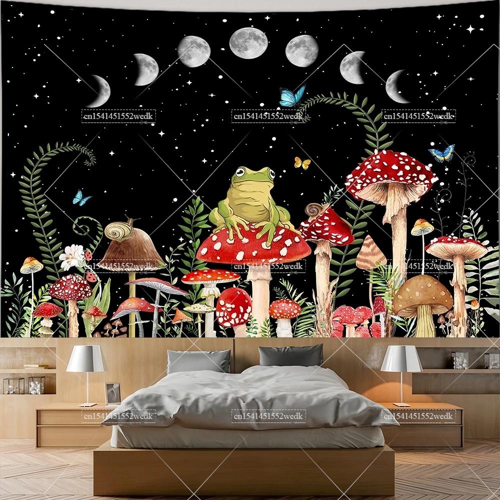 Mushroom Tapestry Moon Star Tapestries Butterfly Snail Frog Tapestrys Aesthetic Room Decor Starry Night Green Plant Tapastrys