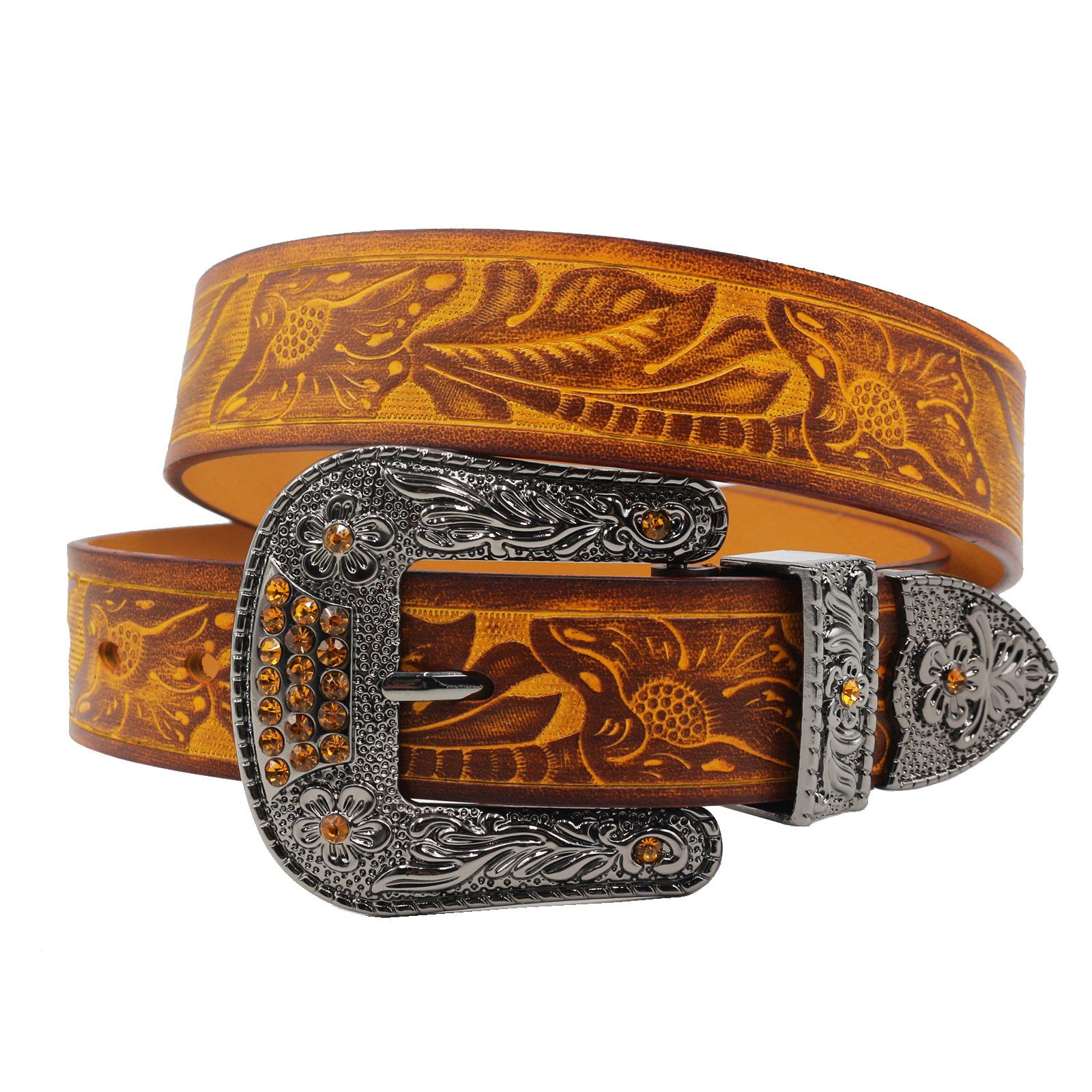 

New Rhinestone Carved Retro Individual Men s Belt Ethnic Style Fashionable Women s Top Cowhide Decorative Belt 105cm