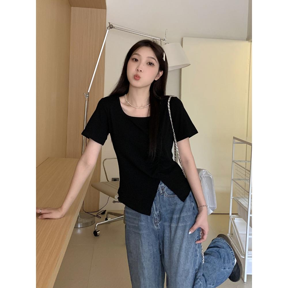Irregular Square Collar Short-sleeved T-shirt for Women In Summer New Style for Flesh Covering and Short Shoulder Top