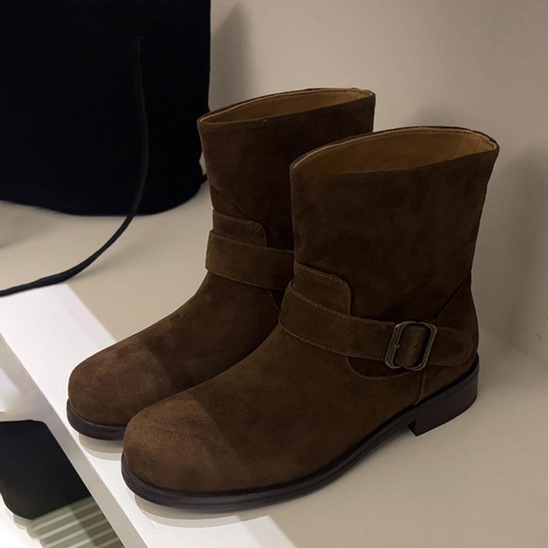 Cowhide Version~ New Korean Version Round Head Belt Buckle Short Boots Women's Leather Low-heeled Short Ankle Boots Flat-bottomed Medium Boots