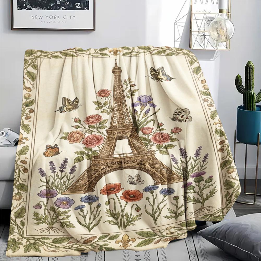 Paris Eiffel Tower Print Flannel Blanket, High Quality Comfortable for All Seasons, Home Decor, Warmth and Comfort, Perfect for Christmas Gifts95
