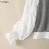 ZANZEA Women Casual Round Neck Long Sleeve Loose Patchwork Blouse