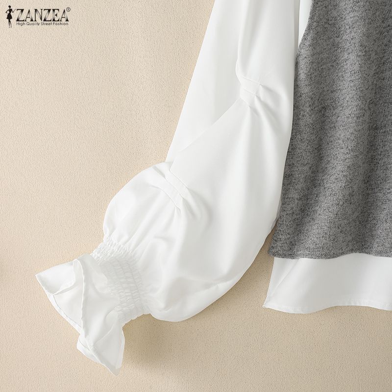 ZANZEA Women Casual Round Neck Long Sleeve Loose Patchwork Blouse