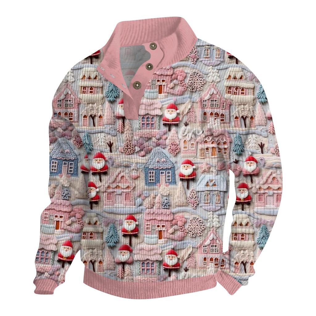 Men's Christmas Cotton Pullover Long Sleeve Outdoor Shirt Vintage Corduroy Button Stand Collar Shirt Casual Sweatshirt Christmas Print Top