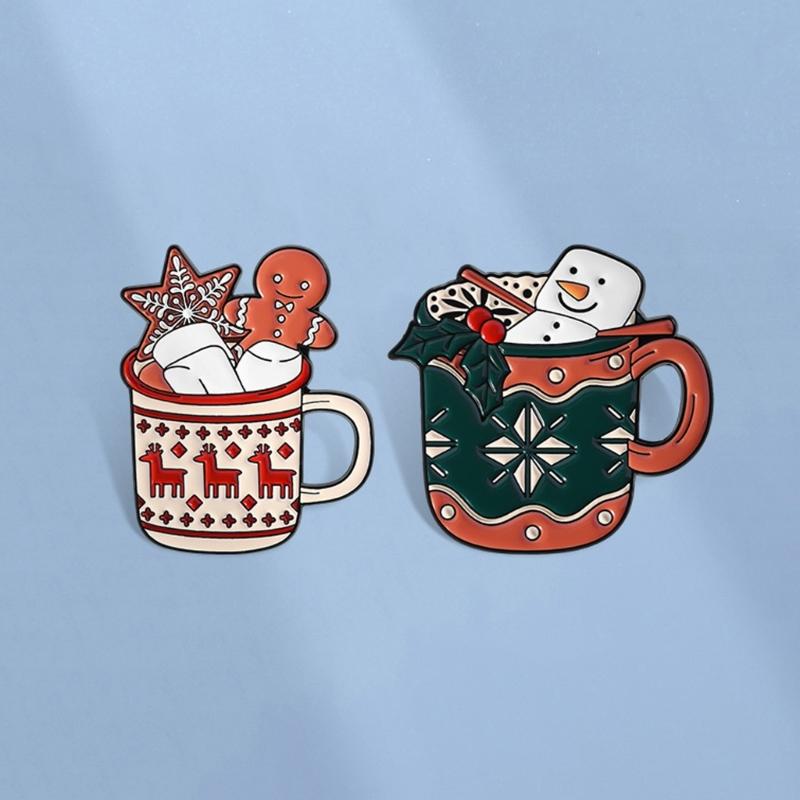 Winter Holiday Snowman Cup Brooch Elk Gingersnap Alloy Enamel Pin Decorative Accessory For Clothes Bags Jewelry