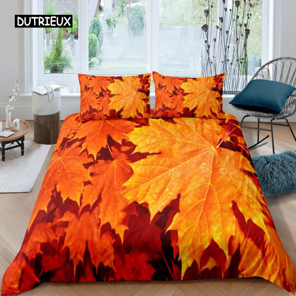 Maple Leaves Duvet Cover Set Colorful Autumn Season Maple Leaves In Unusual Designs Nature Print King Size 2/3pcs Bedding Set