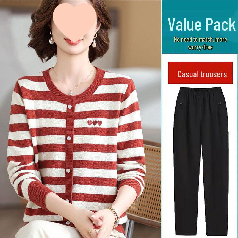 Mom's 2025 Autumn Striped Long-Sleeve Knit Sweater for Middle-Aged & Elderly Women