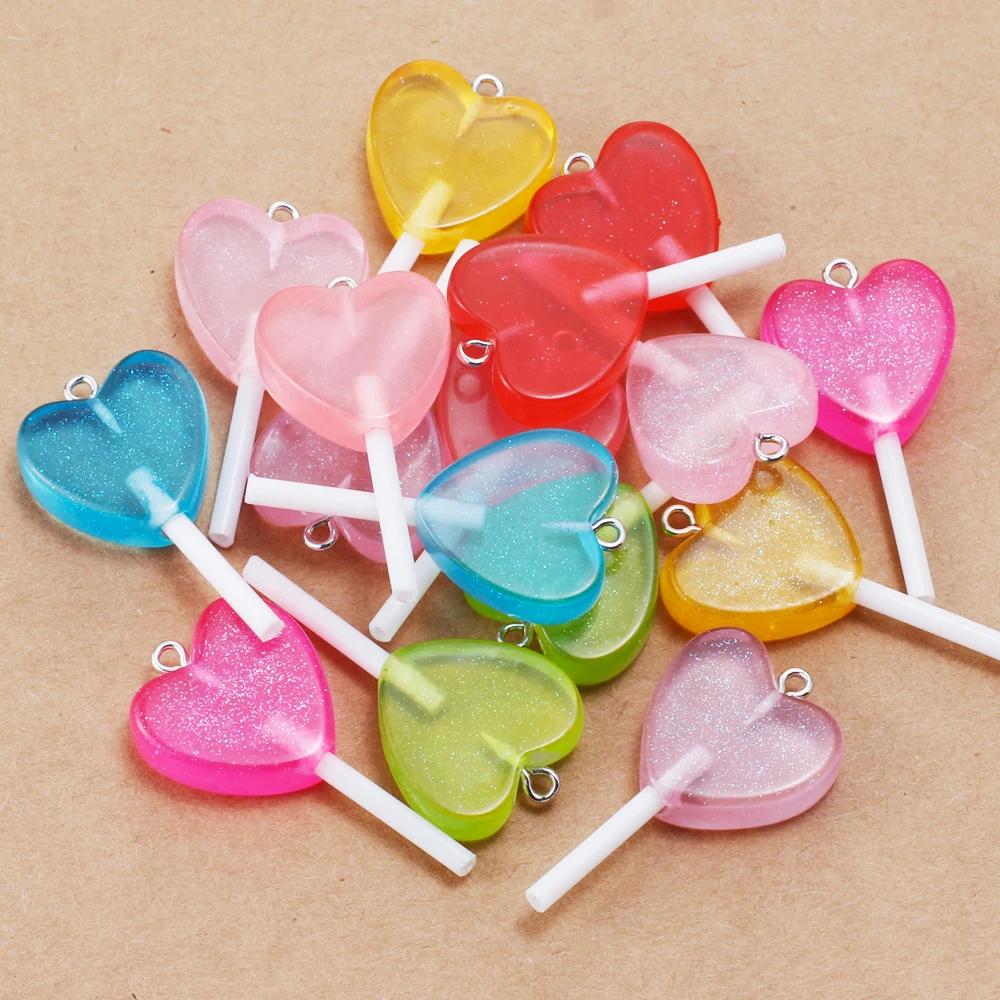 10 Stück Glitzer-Herz-Form Lutscher Harz-Anhänger Niedliche Süßigkeiten-Charms für Schmuckherstellung Zubehör DIY Ohrringe Schlüsselanhänger Zubehör