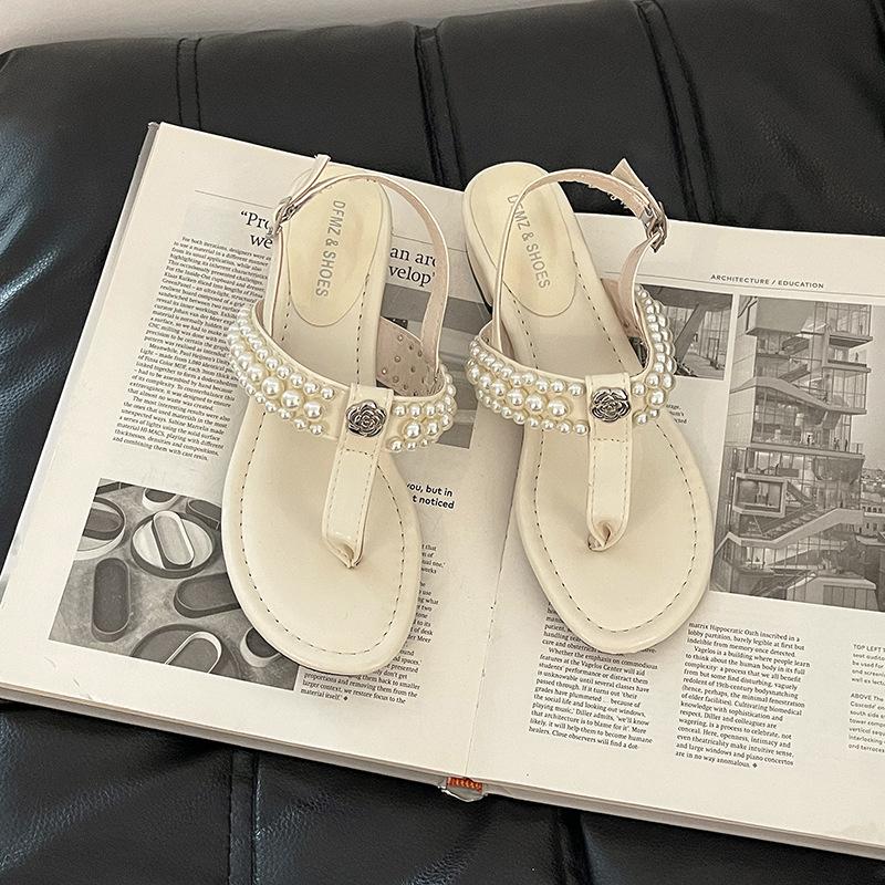 

Сандалии на толстом каблуке с жемчужным носком, женские летние французские ретро с юбкой, римские туфли, высокий каблук-шпилька, крутые шлепанцы 40 бежевый