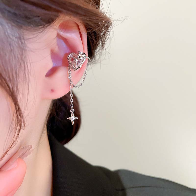 1Pcs Pink Crystal Heart Star Tassel Ear Clip Earrings for Women Vintage Non Piercing Ear Cuff Y2K Jewelry Party Jewelry Gift