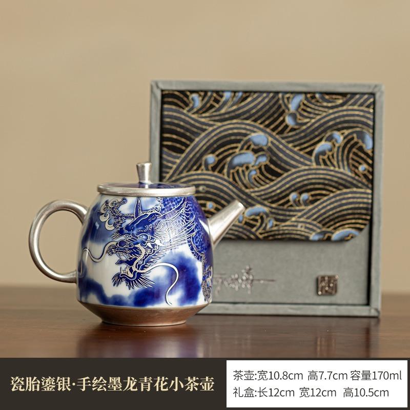 

Посеребренный расписанный вручную чайник с чернильным драконом, сине-белый, маленький, чайный сервиз для кунг-фу, заварочный чайник, маленький чайник на одного