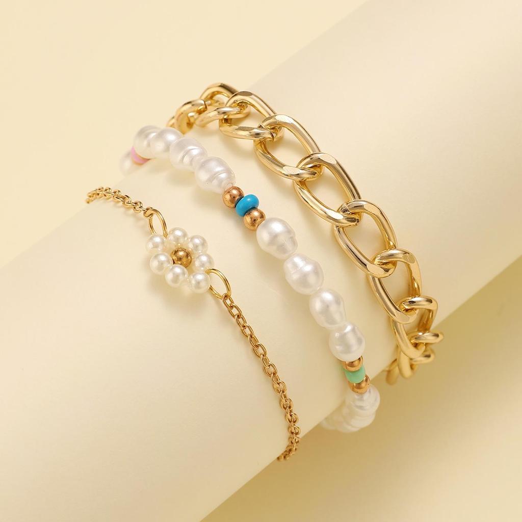 Minimalist European & American Pearl Flower Chunky Cuban Chain Bracelet Set for Women - Summer Hand Accessories