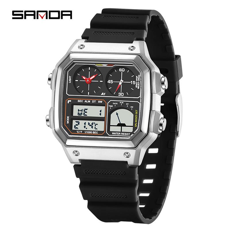 Sanda Men s Multifunctional Square Watch with Temperature, Alarm, Waterproof, Electronic for Students.