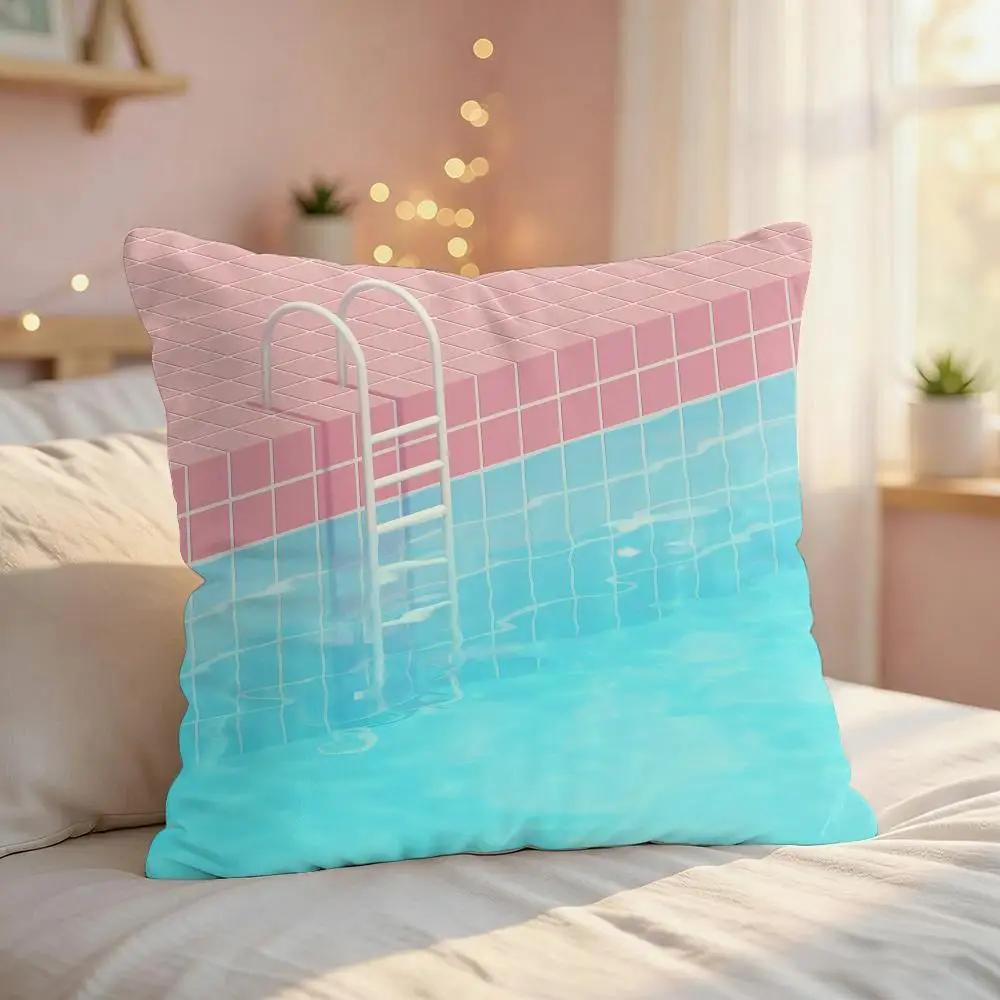 Summer Pool Oil Art Ins Cushion Cover Silky Short Plush Invisible Zipper Dustproof Sofa Pillow Case For Home Decor