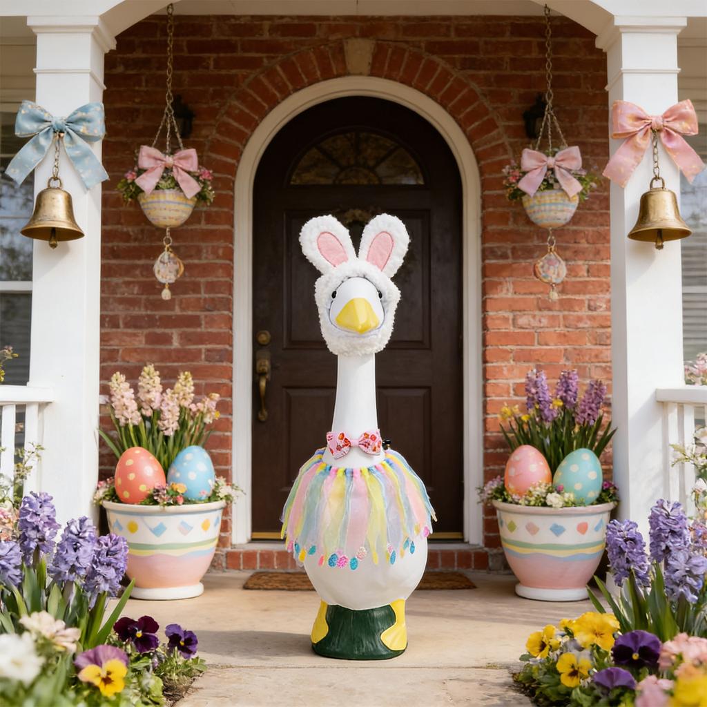 Easter Porch Geese Dress Costume Includes Hat Bowtie and Dress Festival Geese Statue Clothing for Garden Yard Decoration