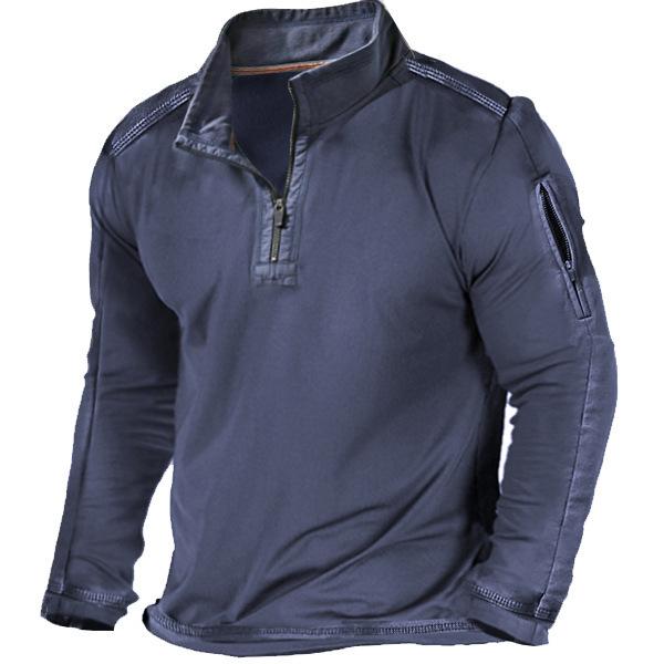 Herren Outdoor T-Shirt mit Reißverschlusstasche, einfarbig, Stehkragen, langen Ärmeln