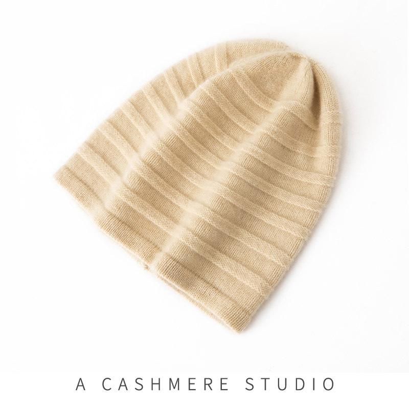 New Style Women's High End Solid Color Striped Thickened and Warm Fashionable Knitted Casual Toe Cap Hat