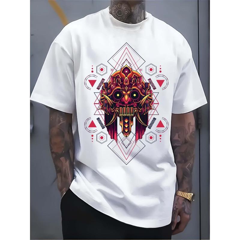 European Size Men's Pure - Cotton White T - shirt: Warrior Spirit: Tribal Mask Tee