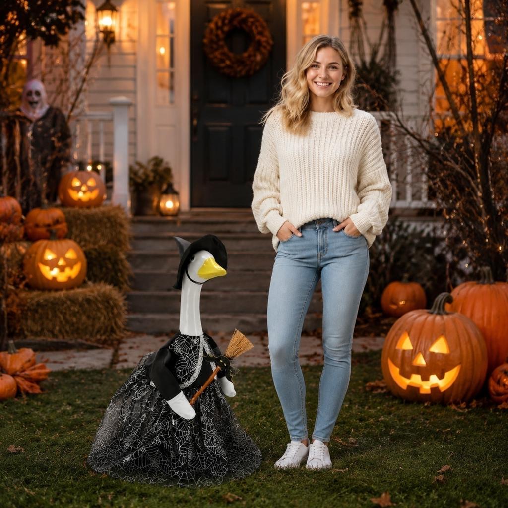 Porch Goose Decoration Wearing Witch Costume with Hat and Spider Web Patterned Dress for Outdoor Indoor Seasonal Display