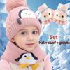 3-Piece Set, Cartoon Penguin Knit Winter Hat, Scarf, and Gloves for Infants, Warm Thickened Windproof Hat for Boys and Girls