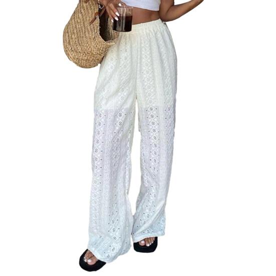 

Женские брюки на резинке с высокой талией, широкие, повседневные, однотонные, с вышивкой-ажуром, повседневные брюки с подкладкой, для повседневной носки M белый
