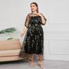 Floral Tulle Plus Size Dresses for Women Round Necked Lace Appliques Dress Summer Mesh Sheer Bling Floral Pleated Dress Commuter Fashion Dresses
