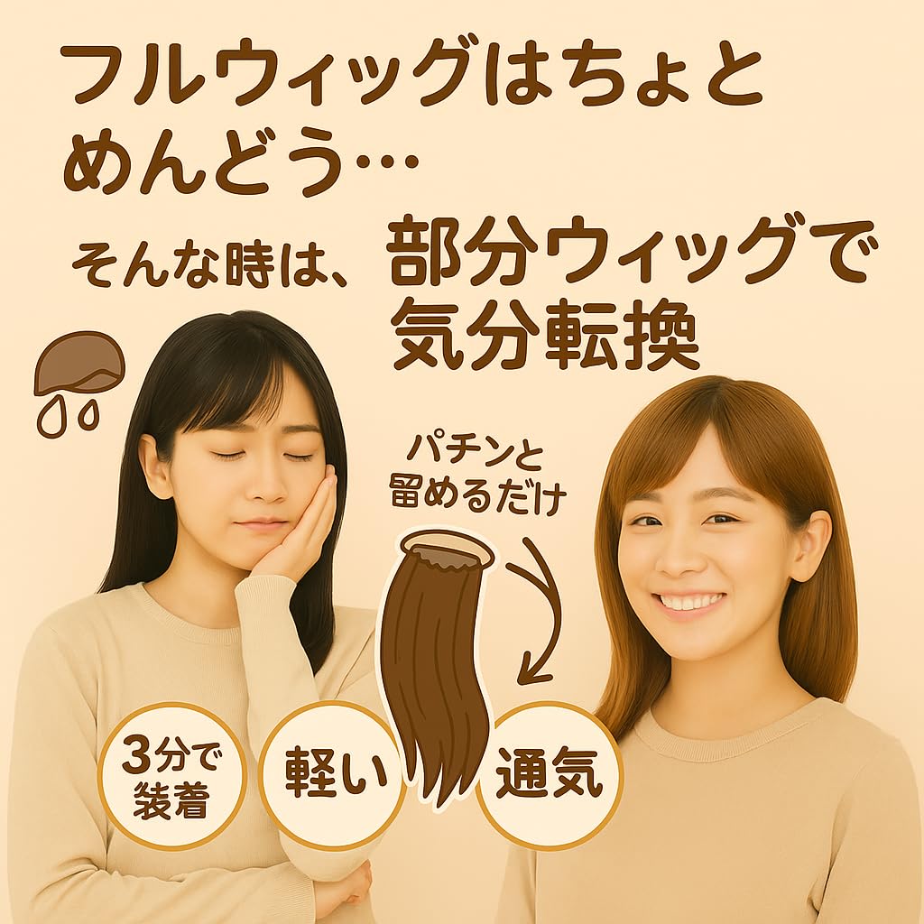 Wig Terrace Premium Heat-Resistant Synthetic Hairpiece, Partial Wig with Bangs, Whorl Wig, Semi-Long, Women's Wig, Foreign Style, Hair Extensions for