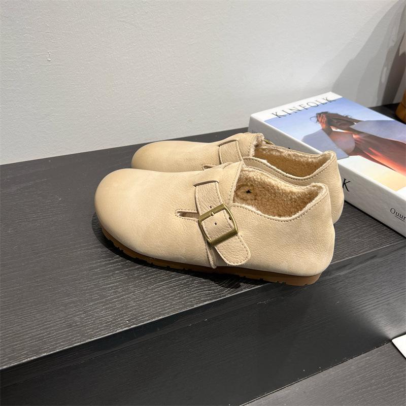 Loafers for Woman Cowhide Soft Soled Flat Soled Single Shoes Women's Cotton Shoes Black Casual Shoes Women's Winter Footwear