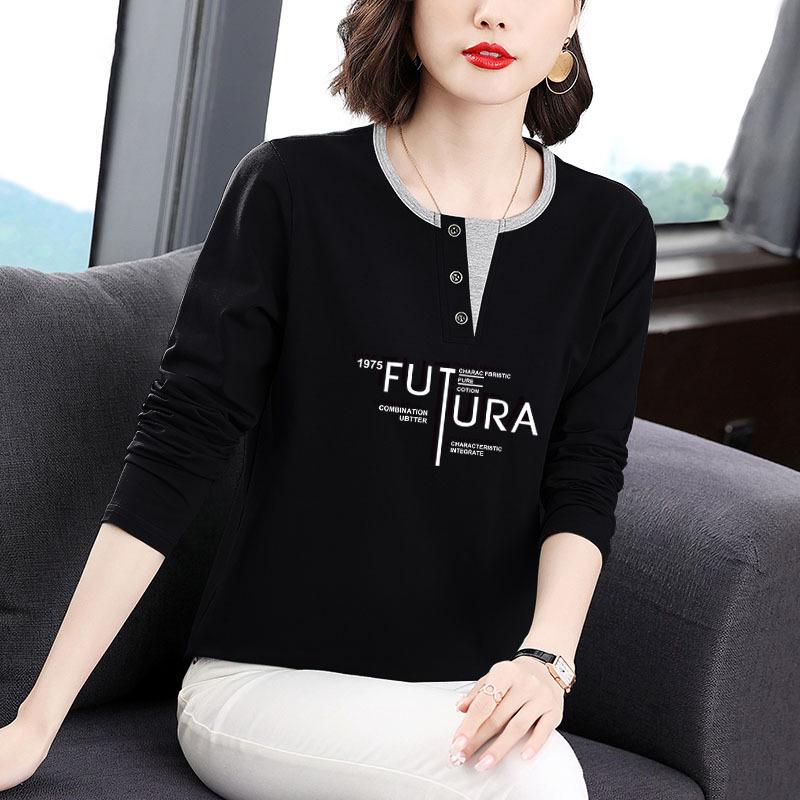 Women's Plus Size Pure Cotton Long Sleeve T-Shirt - 2025 Fashion, Loose Fit, Belly Covering, Perfect for Middle-Aged Moms, Autumn/Winter Top