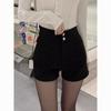 Women's Black High-Waisted Cotton Elastic Shorts - Trendy, Slimming, Hip-Hugging Bootcut, Ideal for Autumn Layering, Internet Celebrity Style.