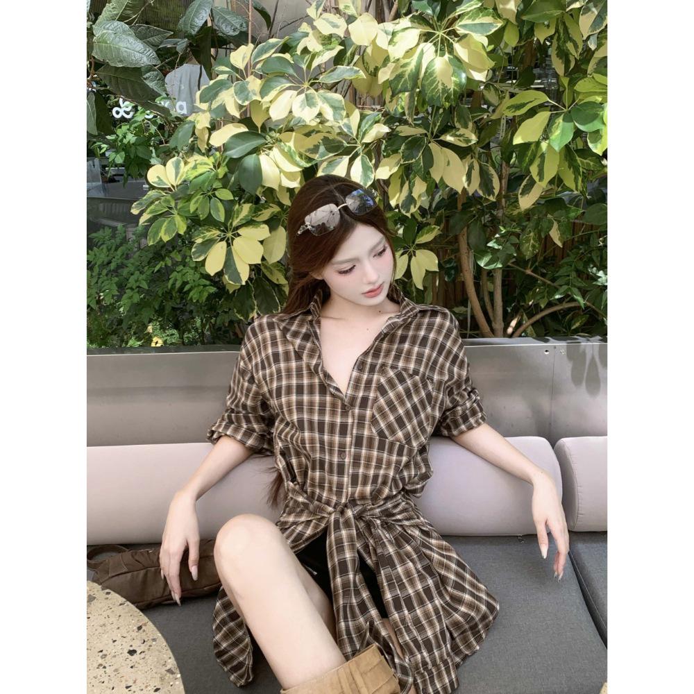 Spicy Girl HK Style Plaid Tie-Waist Long-Sleeve Shirt for Women - Versatile Loose Mid-Length Top for Early Autumn 2025