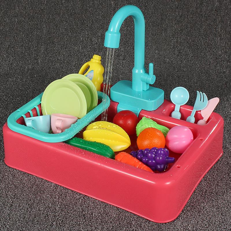 Kid Simulation Electric Dishwasher Wash Sink Running Water Toy Role Playing House Kitchen Pretend Game Food Fruit Girl Boy Gift