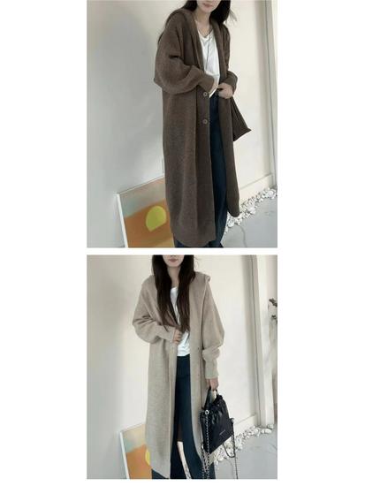 Cozy Hooded Long Knit Cardigan - Thick, Loose Mid-Length Sweater for Autumn/Winter