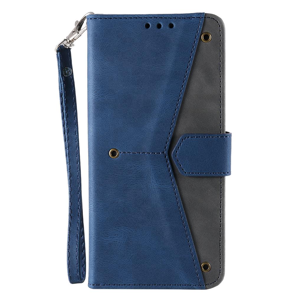For iPhone 16e Leather Case Splicing Stitching Wallet Phone Cover with Wrist Strap