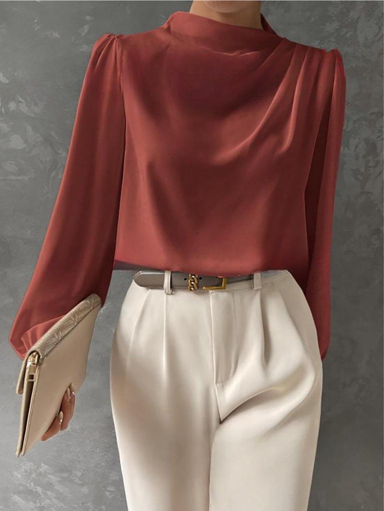 Solid Color Ruched Satin Pullover: Women's European and American Style Long-Sleeved Shirt