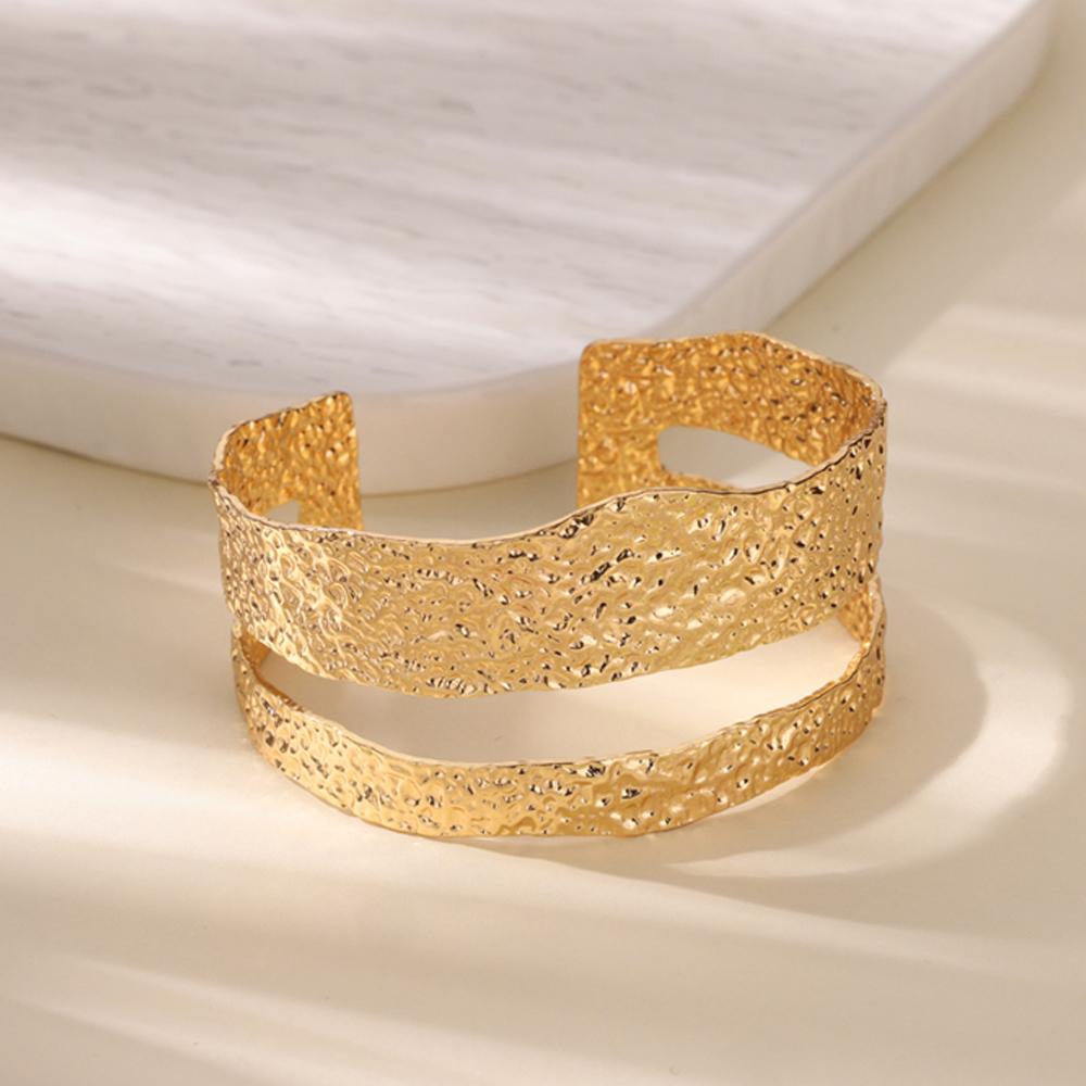 Delicate Stainless Steel Hollow Texture Bracelets for Women Anti Fading Wide Band Open Cuff Bangle Wedding Jewelry Accessories