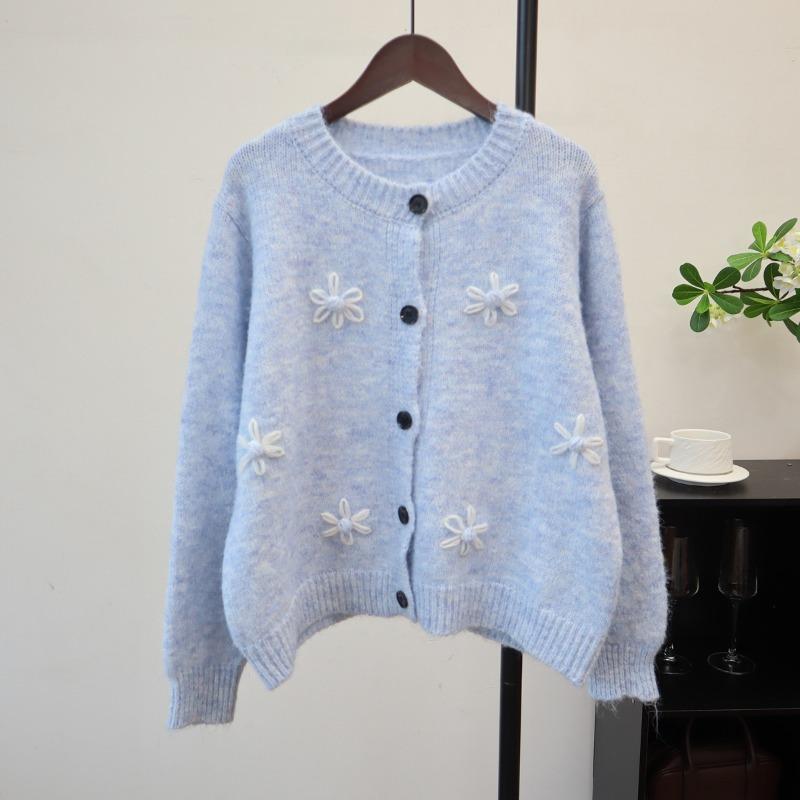 

Осень и зима новый трехмерный вязаный кардиган крючком с круглым вырезом в ленивом стиле, свободный свитер-жакет для женщин one size fits all синий