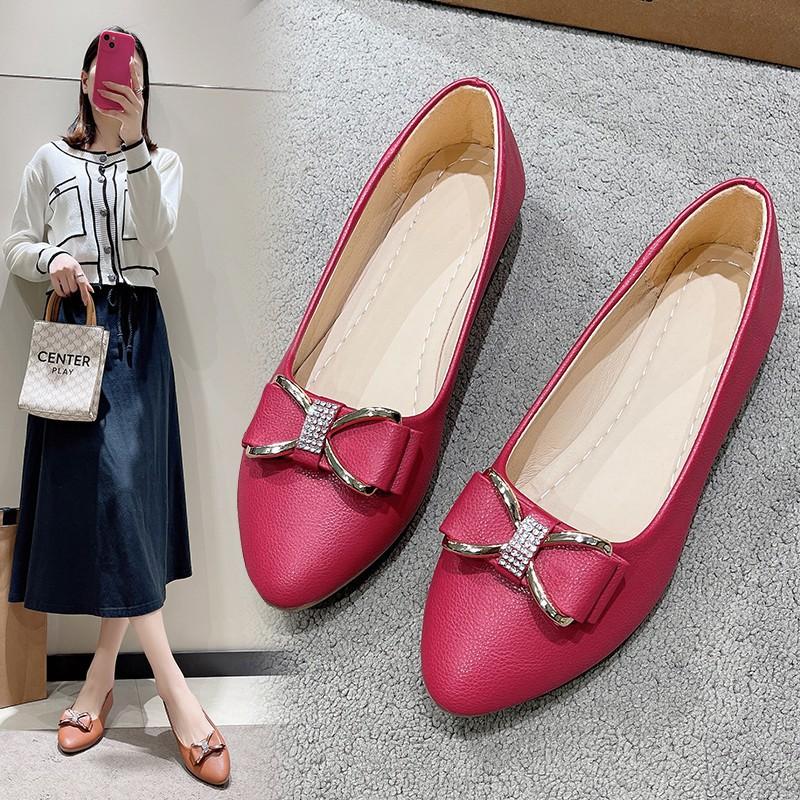 Korean Spring and Summer Fashion Women's Shoes Bowknot Bean Shallow Mouth Pointed Toe Low Heel Flat Bottom Rhinestone Single Shoes